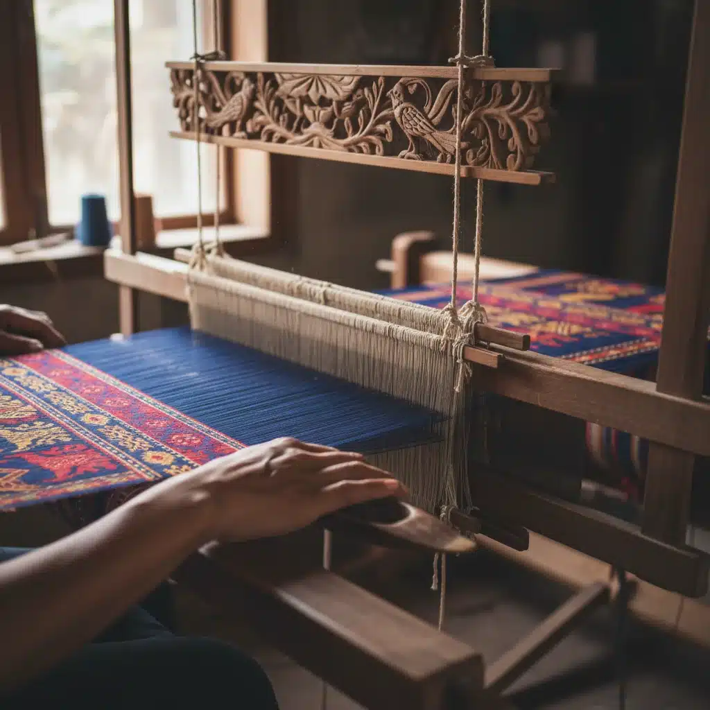 Hands weaving intricate patterns on a traditional textile loom.