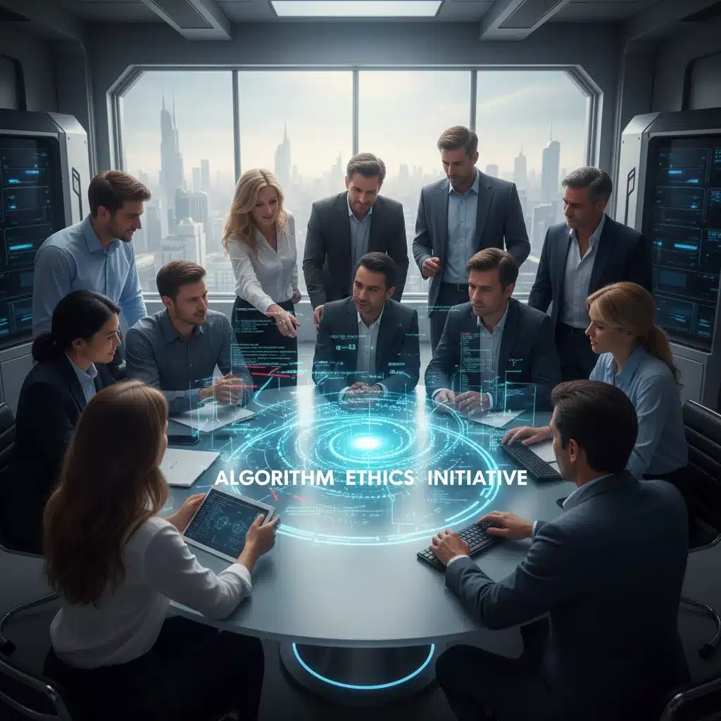Diverse team collaborating on holographic AI algorithm, bias mitigation strategies