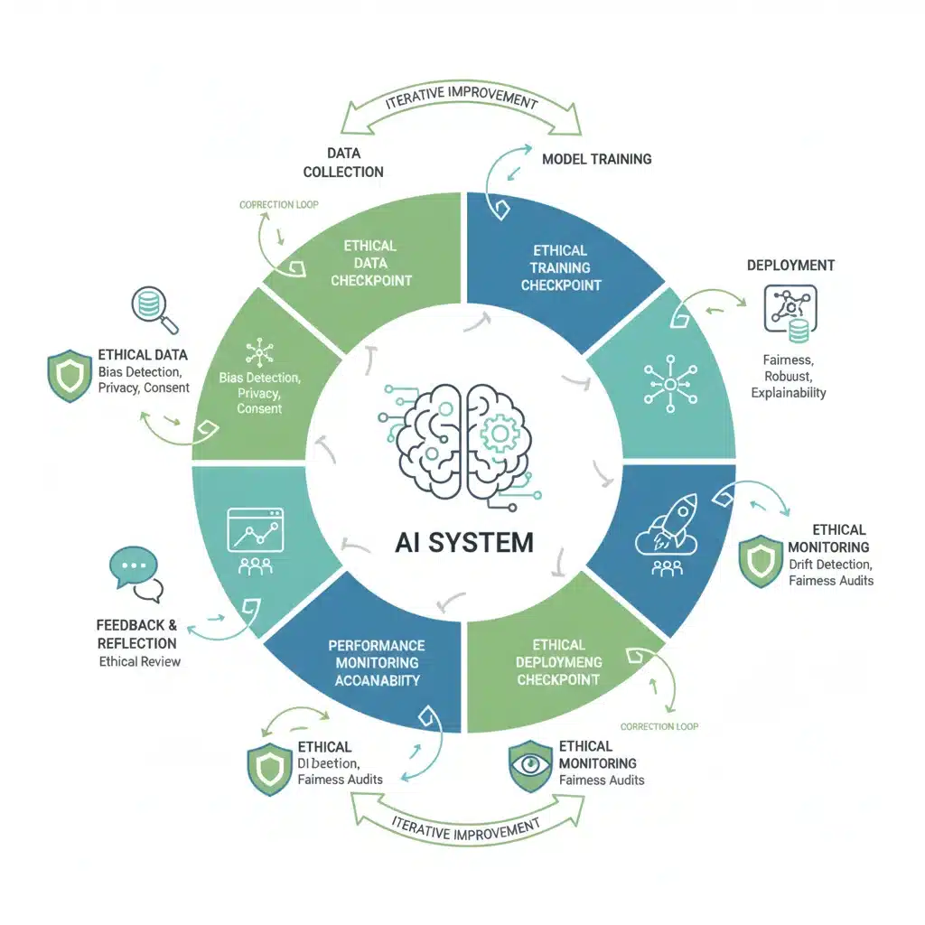 AI system lifecycle diagram with ethical checkpoints and feedback loops