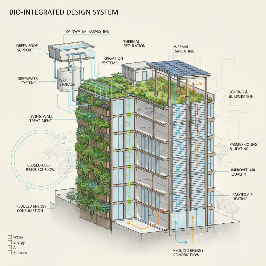 Diagram showing components of a bio-integrated design system, including green roofs and natural ventilation.