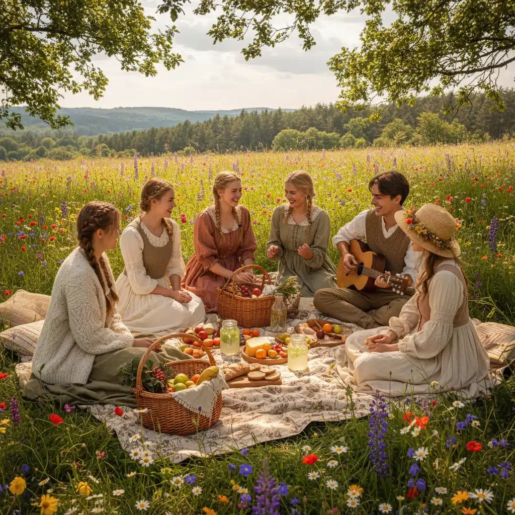 Young people enjoying a cottagecore picnic in a wildflower meadow, celebrating nature and simplicity.