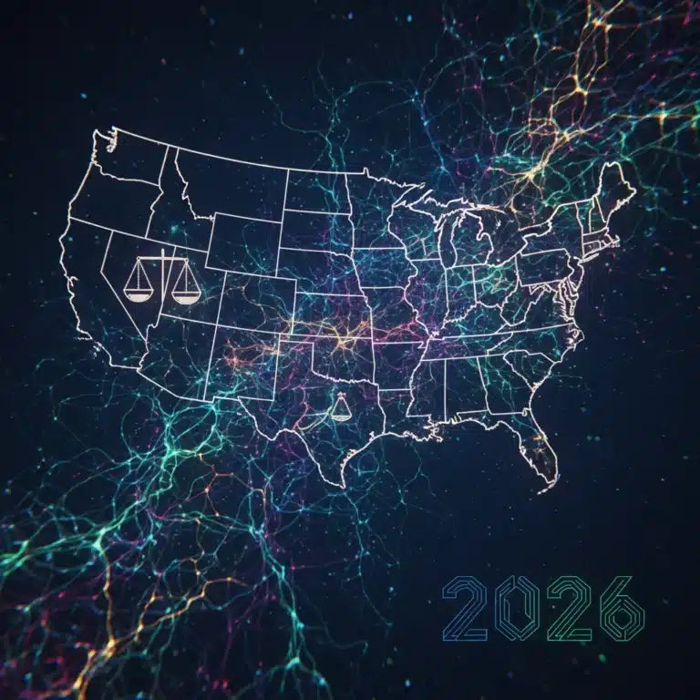 Abstract neural network with U.S. map overlay, ethical AI development concept