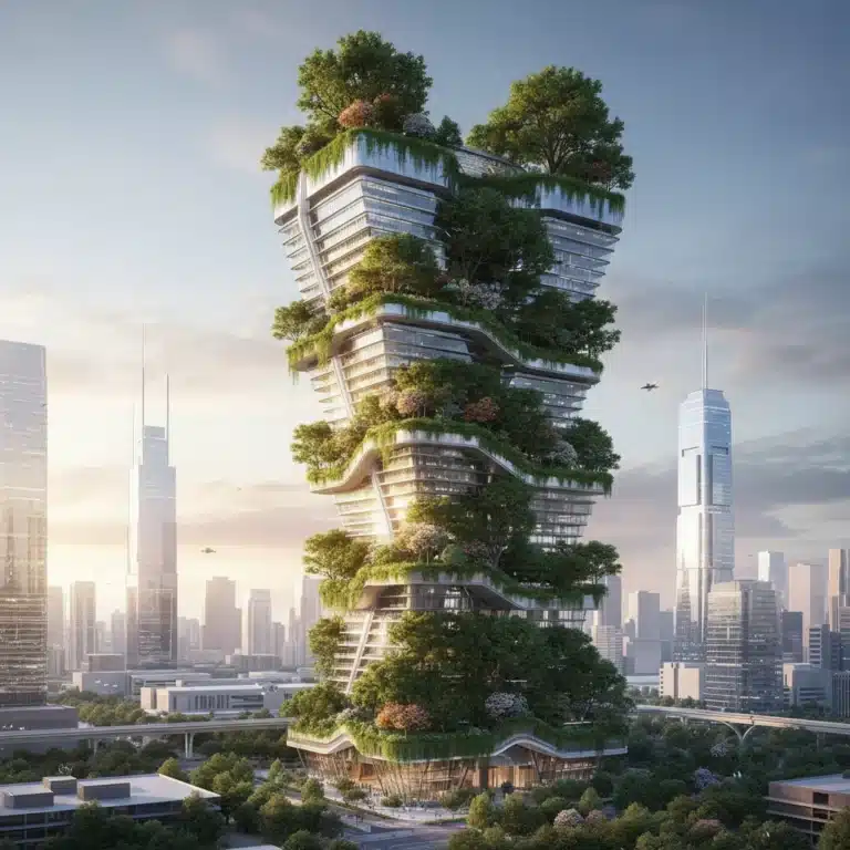 Futuristic building with vertical gardens and lush greenery in a modern city, showcasing bio-integrated design principles.