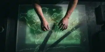 Close-up of hands adjusting an illuminated, frosted plexiglass map showing interconnected green cultural currents and amber emerging trends, emphasizing the complex relationship between culture and technology.