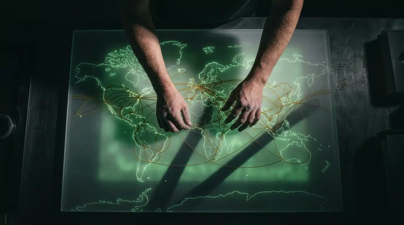 Close-up of hands adjusting an illuminated, frosted plexiglass map showing interconnected green cultural currents and amber emerging trends, emphasizing the complex relationship between culture and technology.
