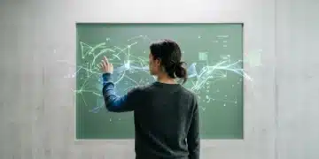 Unpacking Social Impact: A Data-Driven Examination of Cultural Shifts and Technological Integration A person engaging with an interactive, dynamic data visualization on a translucent green screen, depicting the complex interplay of cultural currents and technological advancements.