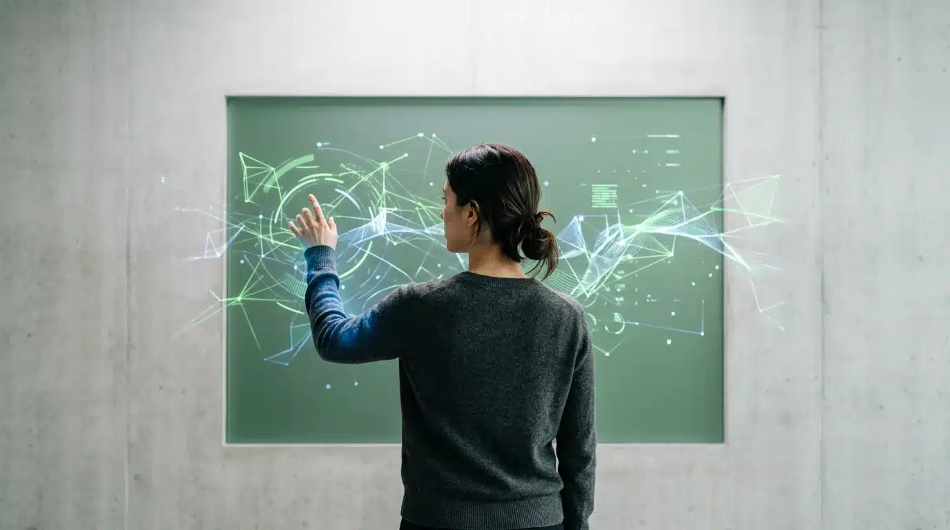 A person engaging with an interactive, dynamic data visualization on a translucent green screen, depicting the complex interplay of cultural currents and technological advancements.