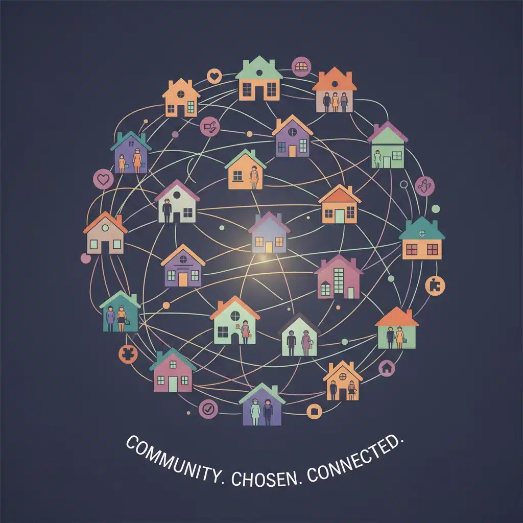 Graphic illustrating modern community and chosen family networks