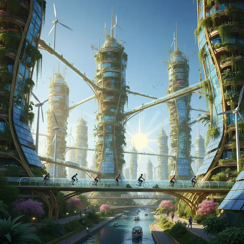 Futuristic solarpunk city with green architecture, vertical farms, and sustainable transportation, symbolizing a hopeful future.