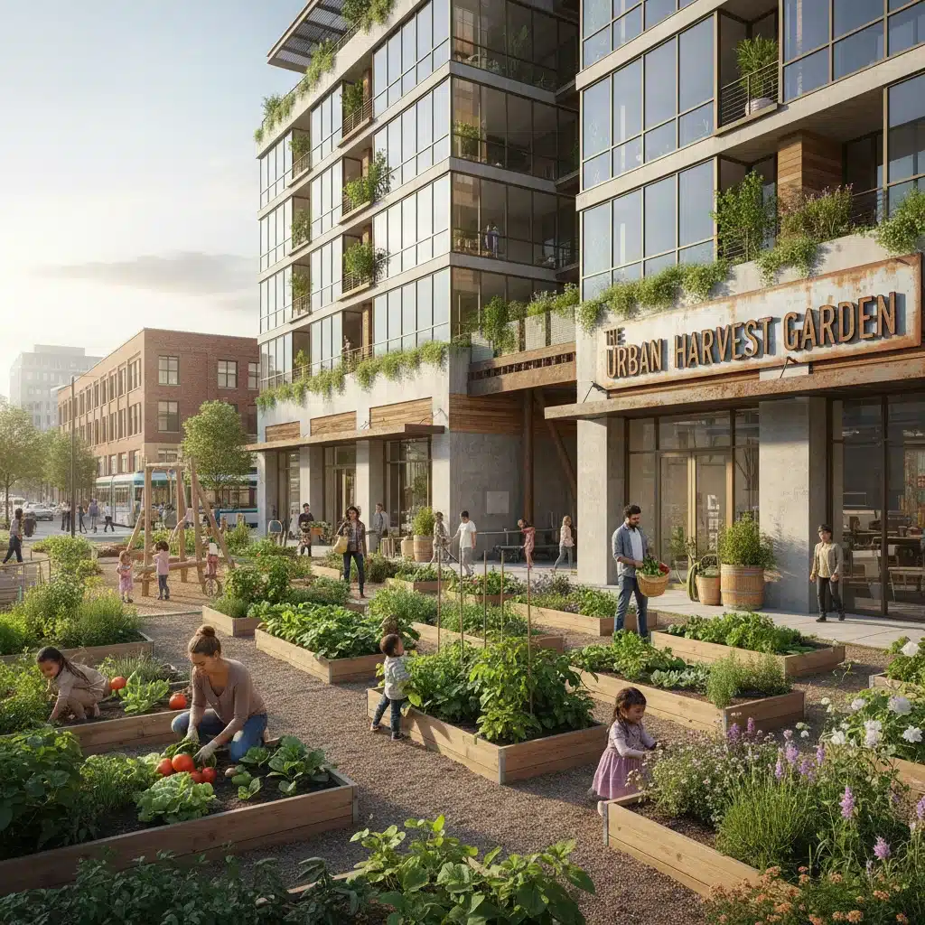 Urban community garden integrated into a modern building, fostering social interaction and green spaces.